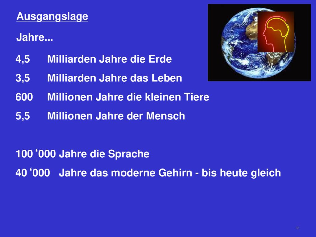 Ausgangslage Jahre... 4,5 Milliarden Jahre die Erde. 3,5 Milliarden Jahre das Leben. 600 Millionen Jahre die kleinen Tiere.