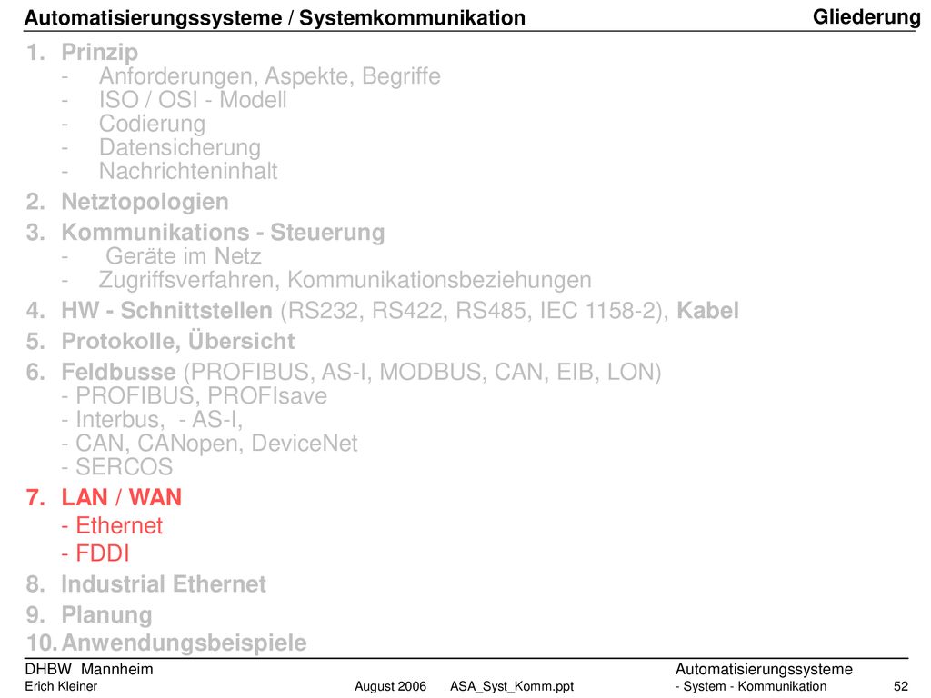 - Anforderungen, Aspekte, Begriffe - ISO / OSI - Modell - Codierung