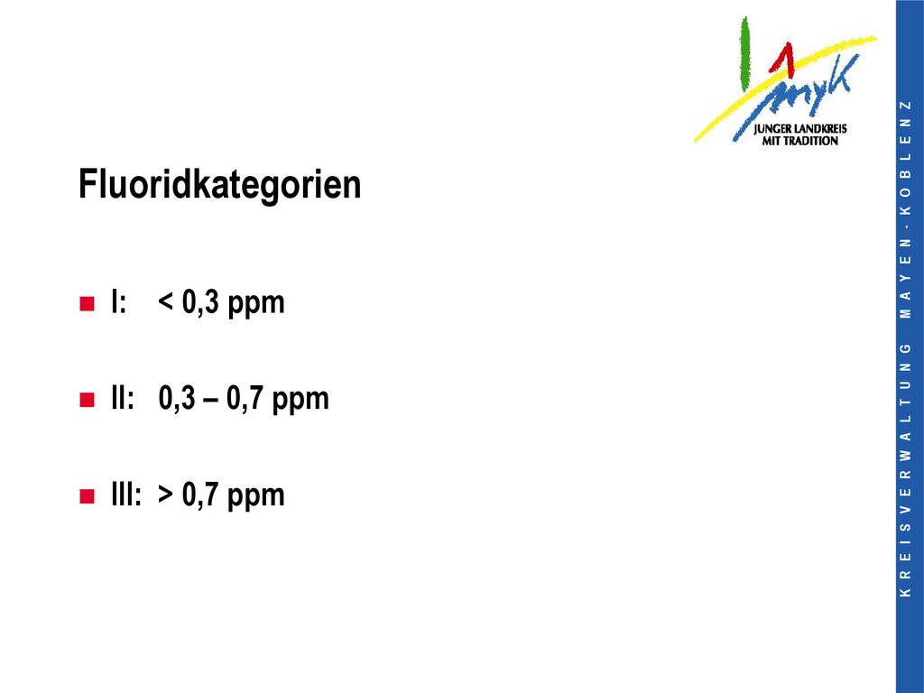 Fluoridkategorien I: < 0,3 ppm II: 0,3 – 0,7 ppm III: > 0,7 ppm