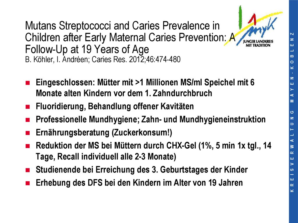 Mutans Streptococci and Caries Prevalence in Children after Early Maternal Caries Prevention: A Follow-Up at 19 Years of Age B. Köhler, I. Andréen; Caries Res. 2012;46: