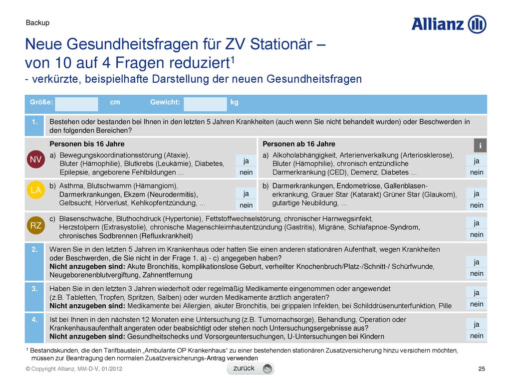 Backup Neue Gesundheitsfragen für ZV Stationär – von 10 auf 4 Fragen reduziert1 - verkürzte, beispielhafte Darstellung der neuen Gesundheitsfragen.