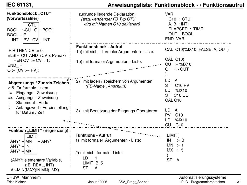 Anweisungsliste: Funktionsblock - / Funktionsaufruf
