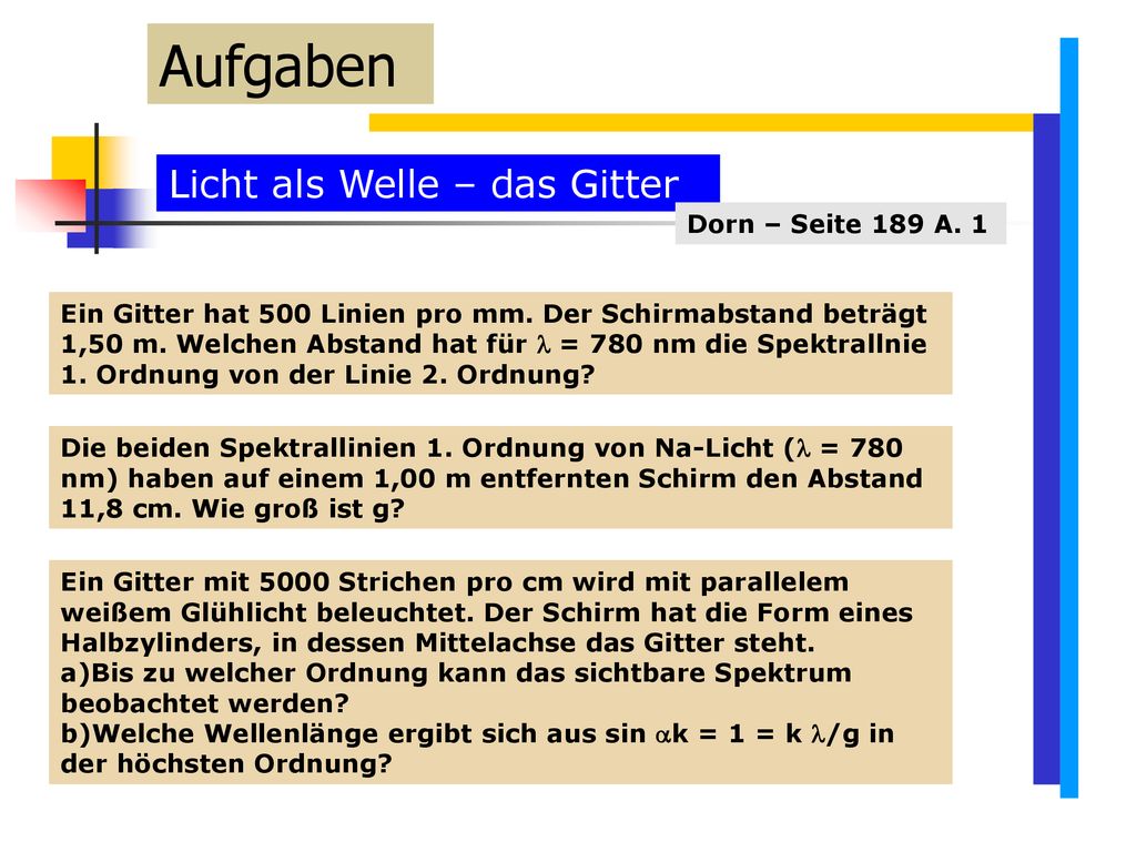 Aufgaben Licht als Welle – das Gitter Dorn – Seite 189 A. 1