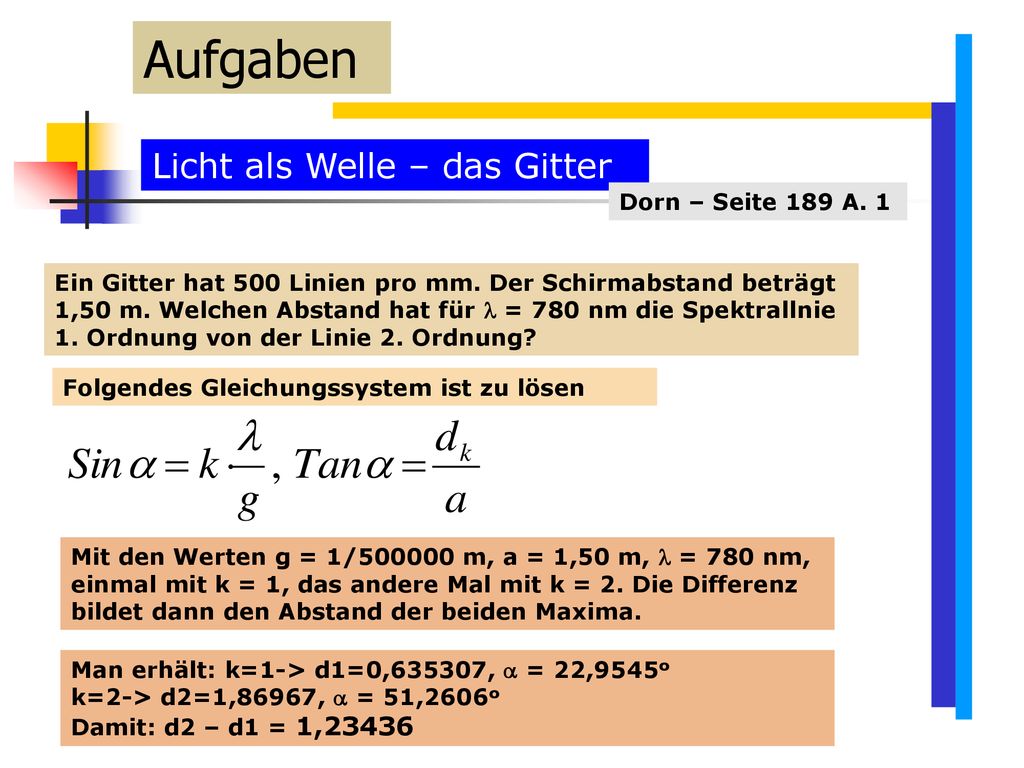 Aufgaben Licht als Welle – das Gitter Dorn – Seite 189 A. 1