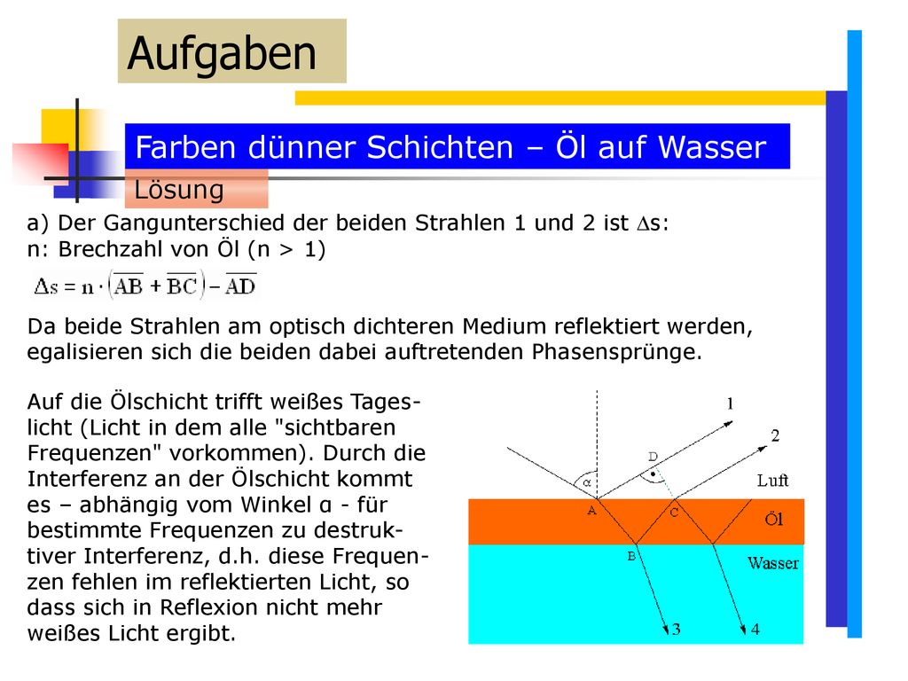 Aufgaben Farben dünner Schichten – Öl auf Wasser Lösung