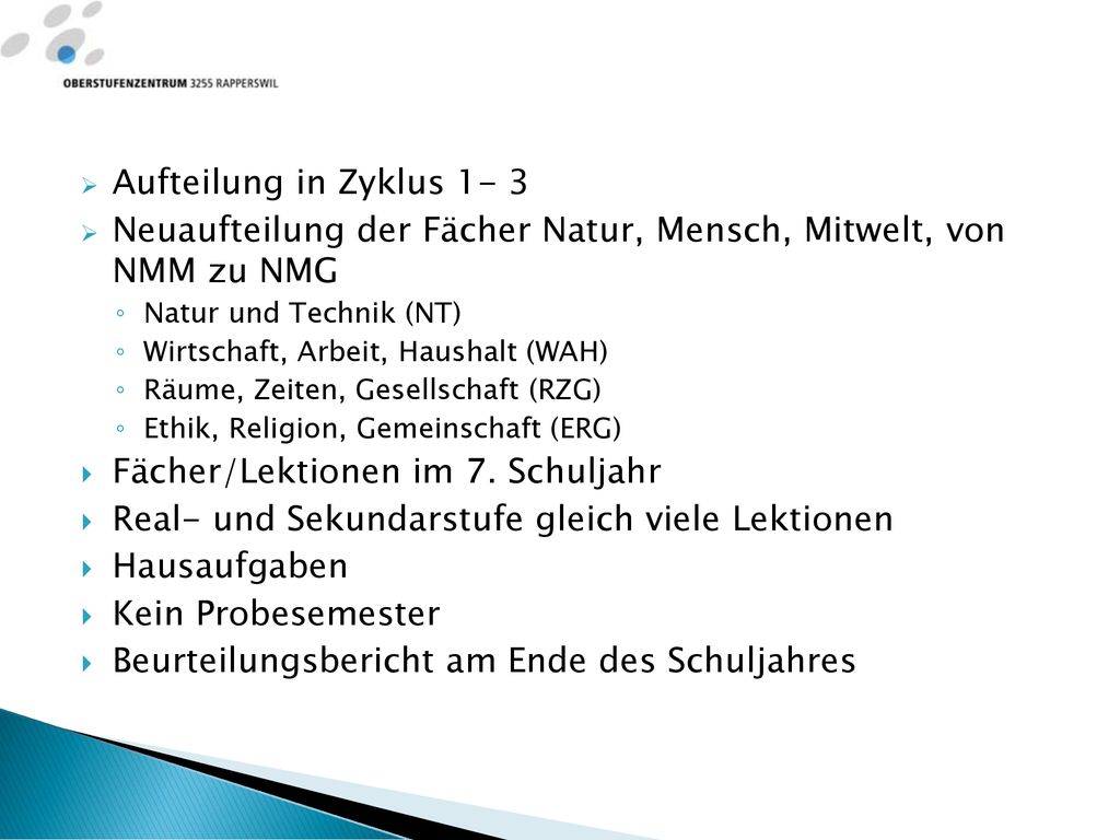 Neuaufteilung der Fächer Natur, Mensch, Mitwelt, von NMM zu NMG
