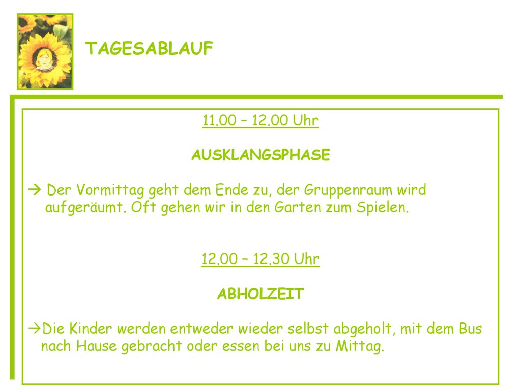 TAGESABLAUF – Uhr AUSKLANGSPHASE