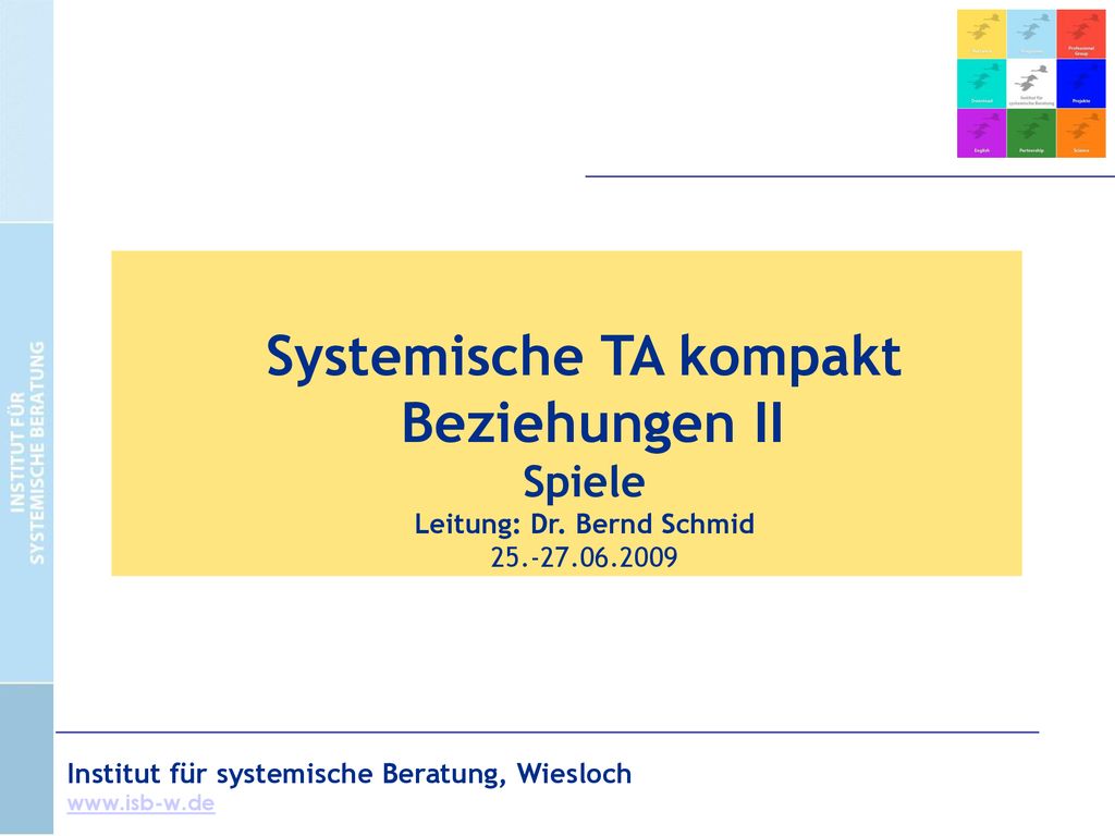 Systemische TA kompakt Beziehungen II Spiele Leitung: Dr. Bernd Schmid
