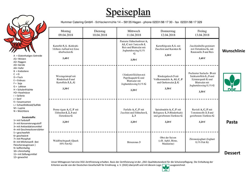 Speiseplan Pasta Dessert Wunschlinie Montag Dienstag