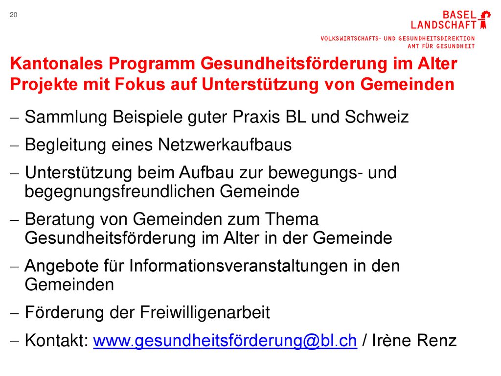 Kantonales Programm Gesundheitsförderung im Alter Projekte mit Fokus auf Unterstützung von Gemeinden