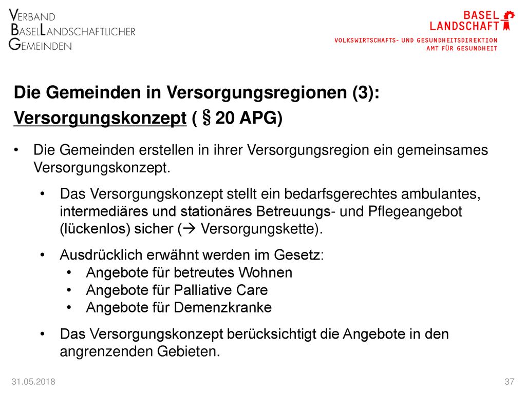 Die Gemeinden in Versorgungsregionen (3): Versorgungskonzept (§20 APG)