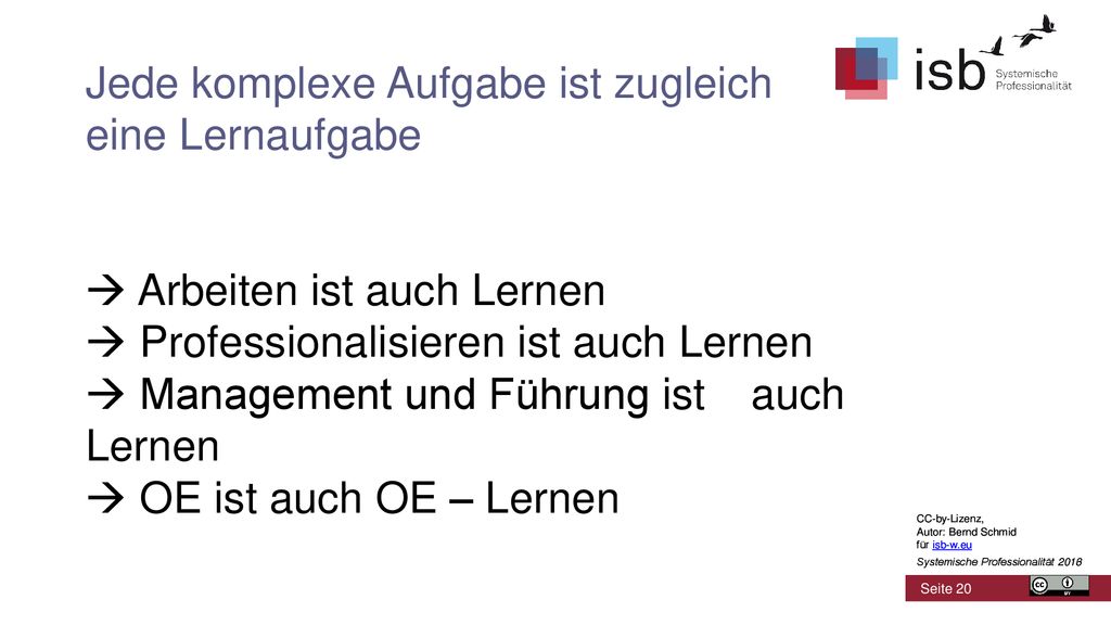 Jede komplexe Aufgabe ist zugleich eine Lernaufgabe  Arbeiten ist auch Lernen  Professionalisieren ist auch Lernen  Management und Führung ist auch Lernen  OE ist auch OE – Lernen