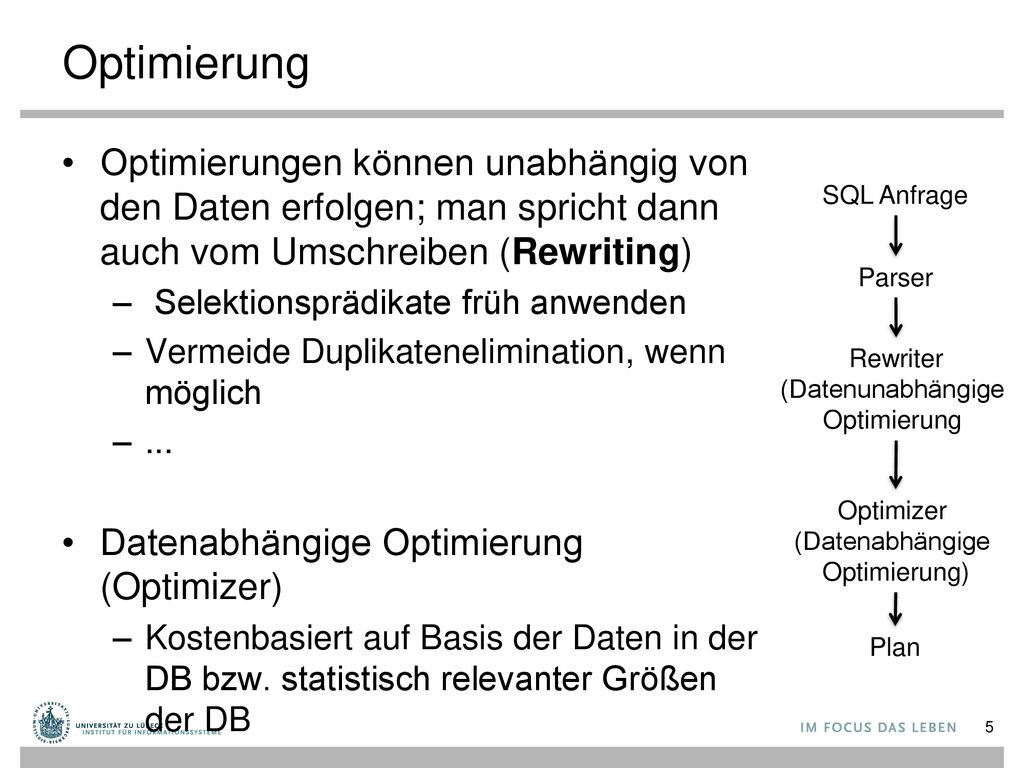 Optimierung Optimierungen können unabhängig von den Daten erfolgen; man spricht dann auch vom Umschreiben (Rewriting)