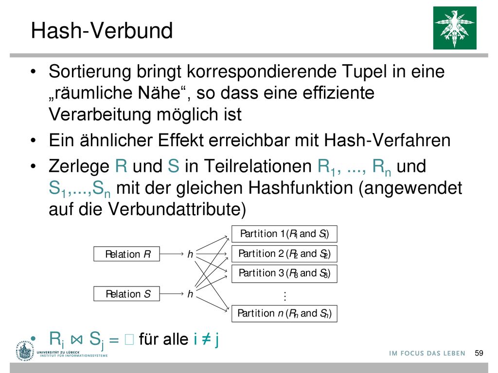 Hash-Verbund Sortierung bringt korrespondierende Tupel in eine „räumliche Nähe , so dass eine effiziente Verarbeitung möglich ist.