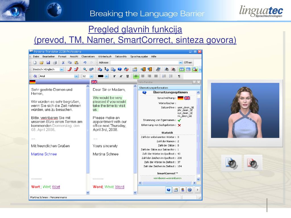 Pregled glavnih funkcija (prevod, TM, Namer, SmartCorrect, sinteza govora)