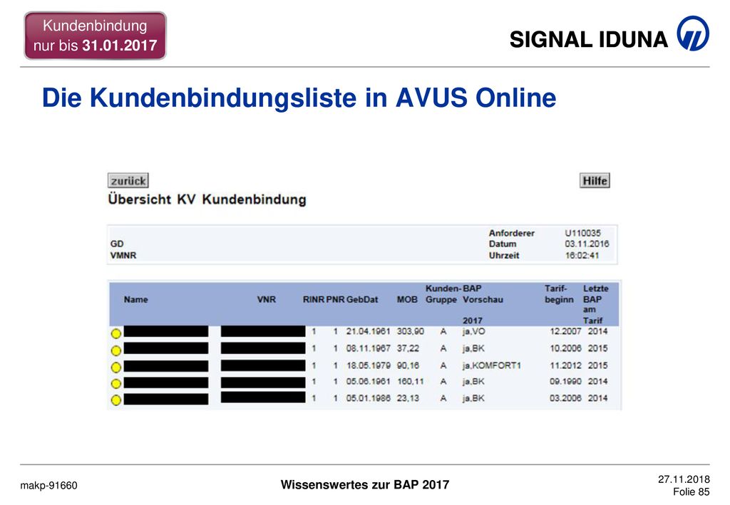 Die Kundenbindungsliste in AVUS Online