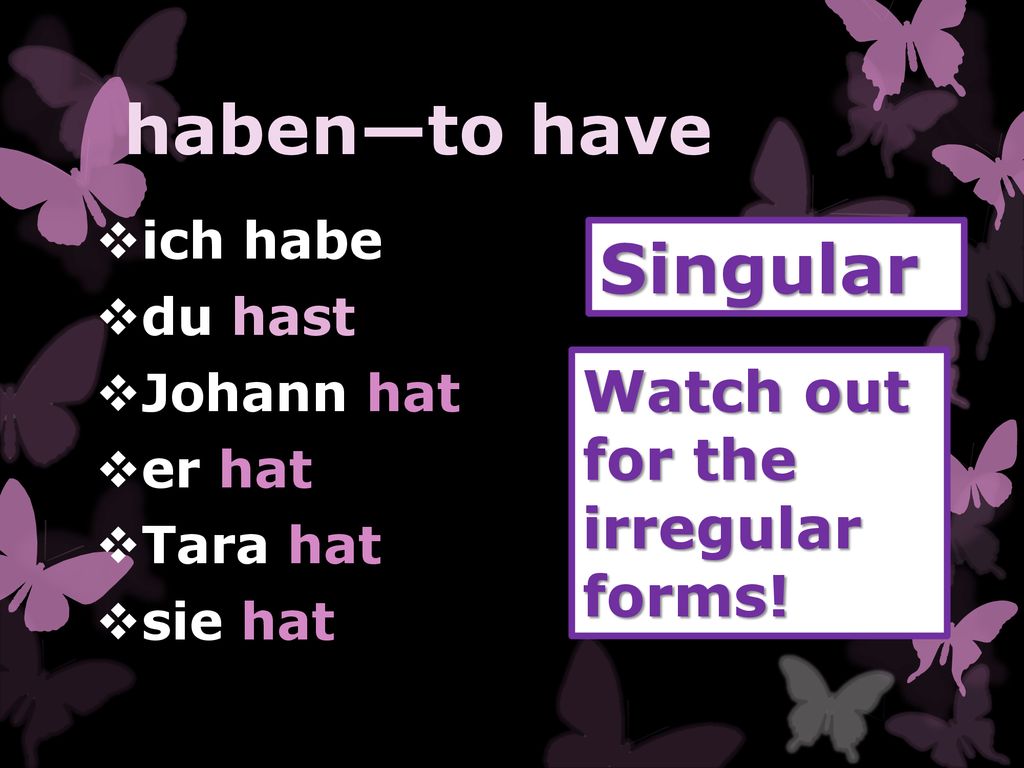 haben—to have Singular Watch out for the irregular forms! ich habe