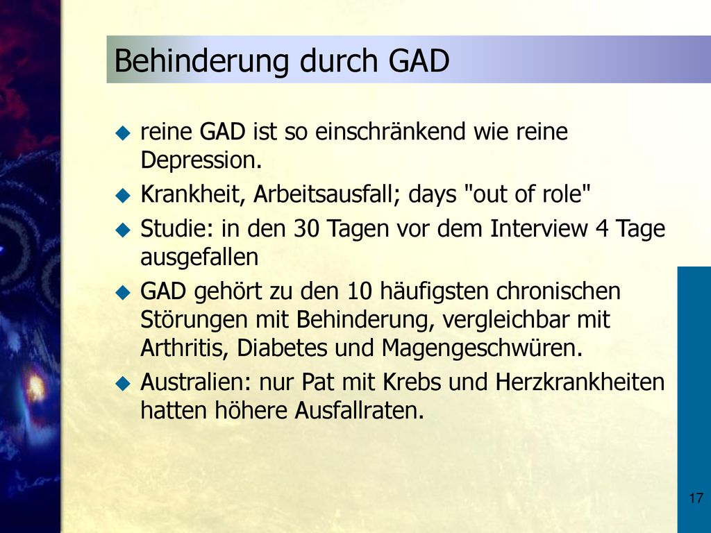 Behinderung durch GAD reine GAD ist so einschränkend wie reine Depression. Krankheit, Arbeitsausfall; days out of role