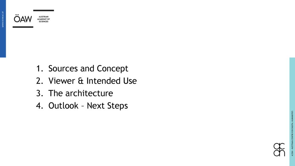 Sources and Concept Viewer & Intended Use The architecture Outlook – Next Steps
