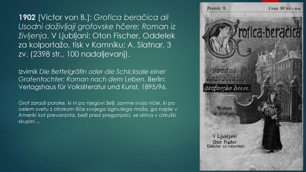 1902 [Victor von B.]: Grofica beračica ali Usodni doživljaji grofovske hčere: Roman iz življenja.