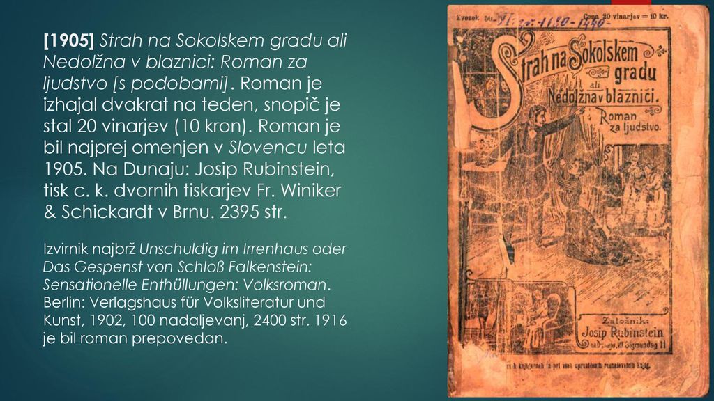 [1905] Strah na Sokolskem gradu ali Nedolžna v blaznici: Roman za ljudstvo [s podobami].