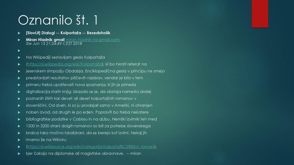 Oznanilo št. 1 [SlovLit] Dialogi -- Kolportaža -- Besedoholik