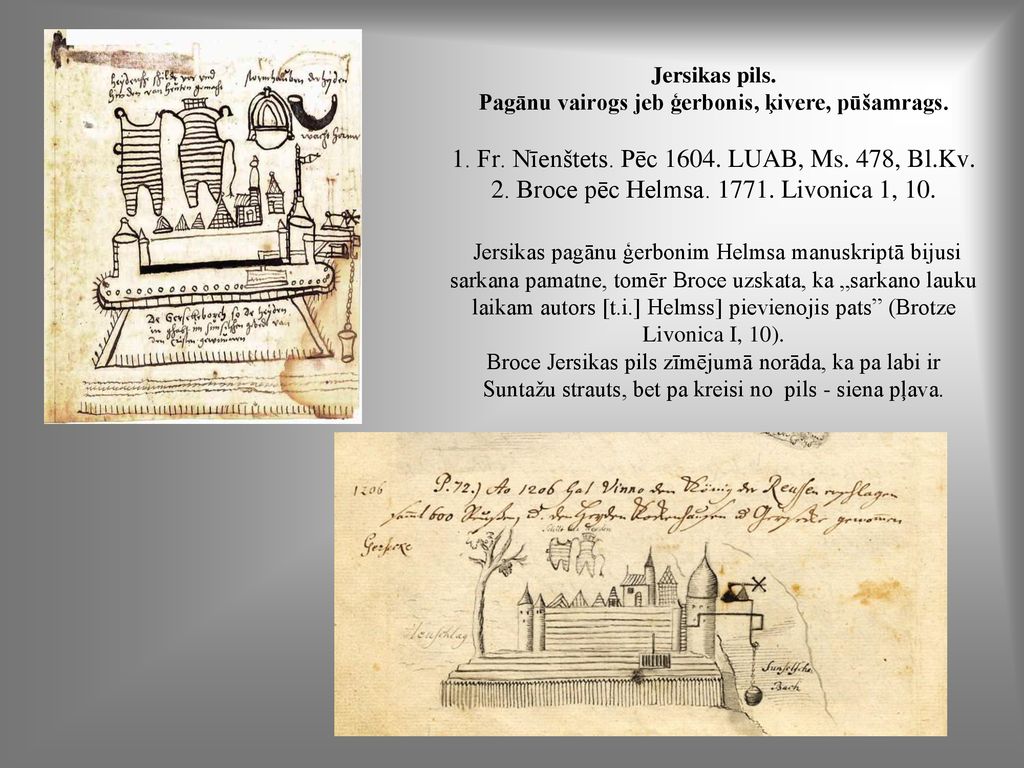 Jersikas pils. Pagānu vairogs jeb ģerbonis, ķivere, pūšamrags. 1. Fr
