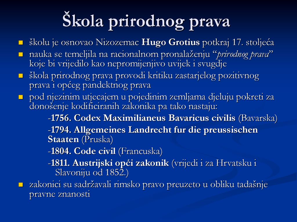 Škola prirodnog prava školu je osnovao Nizozemac Hugo Grotius potkraj 17. stoljeća.