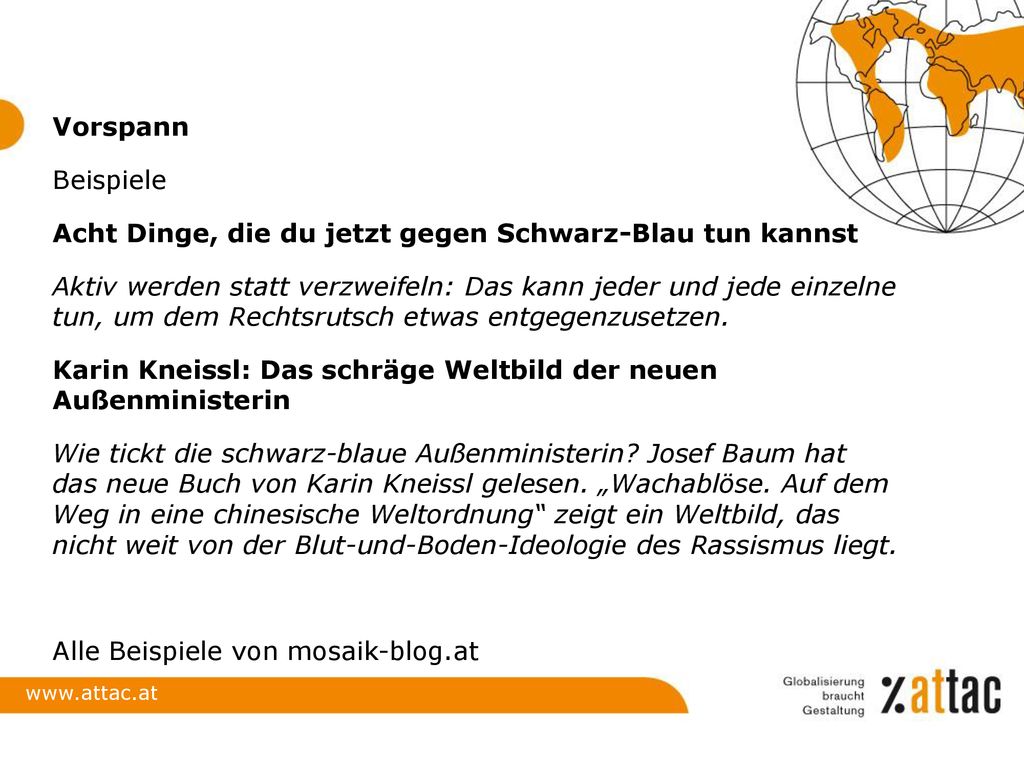 Vorspann Beispiele. Acht Dinge, die du jetzt gegen Schwarz-Blau tun kannst.