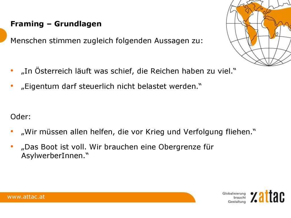 Framing – Grundlagen Menschen stimmen zugleich folgenden Aussagen zu: „In Österreich läuft was schief, die Reichen haben zu viel.