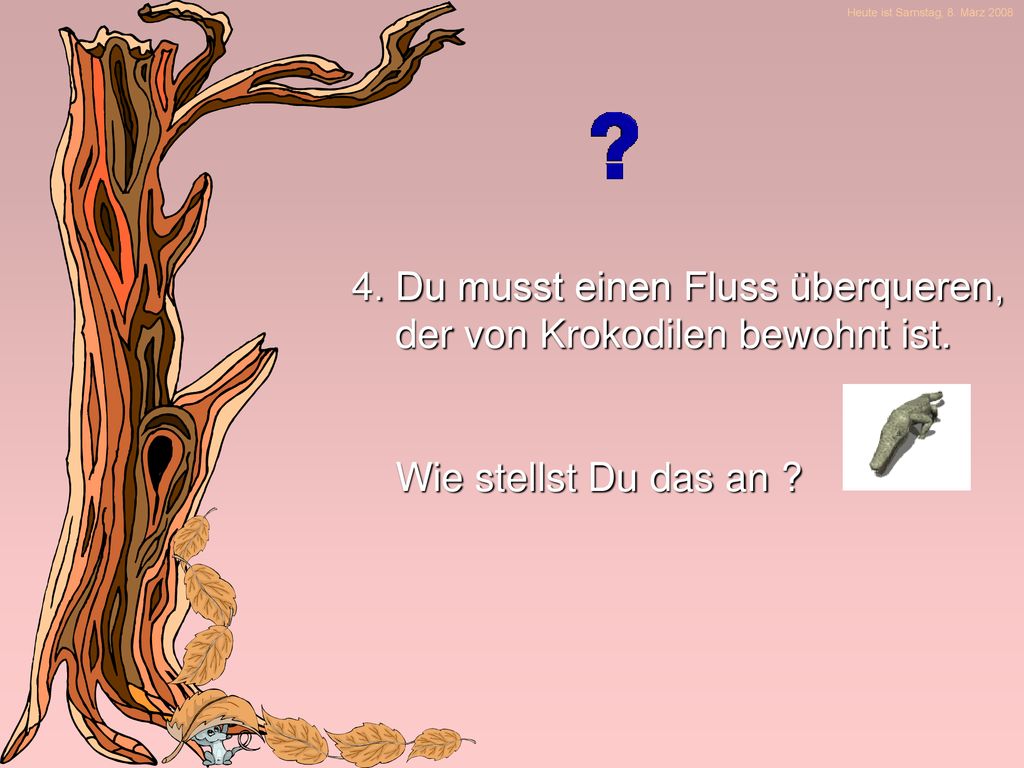 4. Du musst einen Fluss überqueren, der von Krokodilen bewohnt ist.