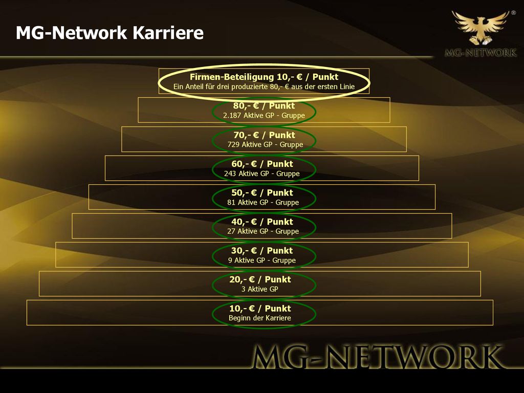 MG-Network Karriere Firmen-Beteiligung 10,- € / Punkt Ein Anteil für drei produzierte 80,- € aus der ersten Linie.