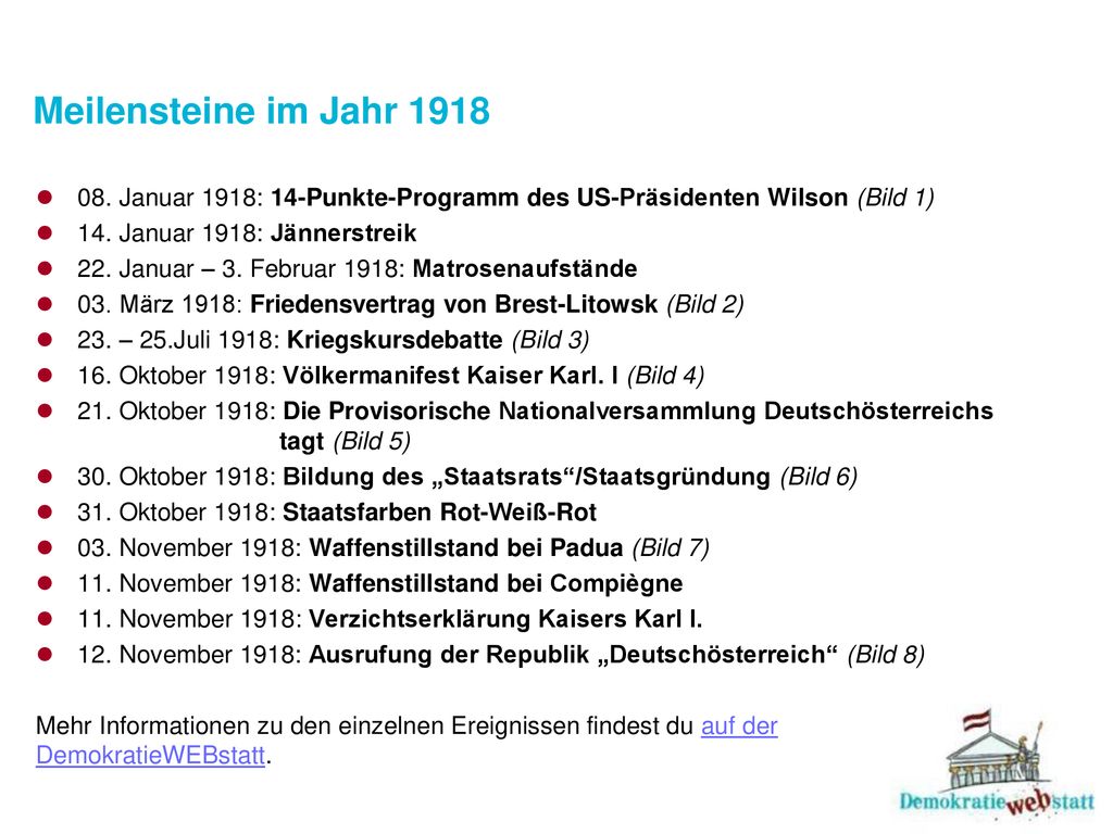 Meilensteine im Jahr Januar 1918: 14-Punkte-Programm des US-Präsidenten Wilson (Bild 1) 14. Januar 1918: Jännerstreik.