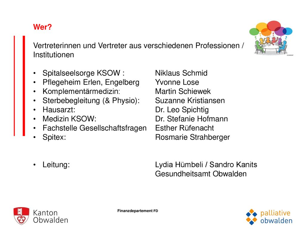 Wer Vertreterinnen und Vertreter aus verschiedenen Professionen / Institutionen. Spitalseelsorge KSOW : Niklaus Schmid.