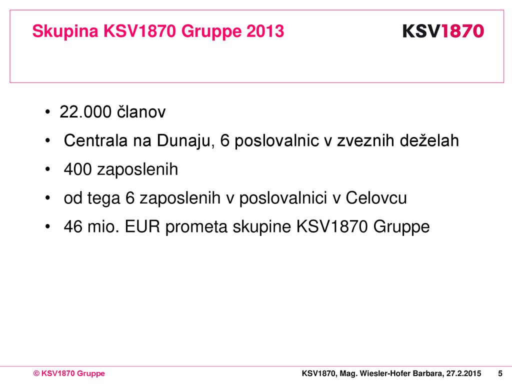 Skupina KSV1870 Gruppe članov. Centrala na Dunaju, 6 poslovalnic v zveznih deželah. 400 zaposlenih.