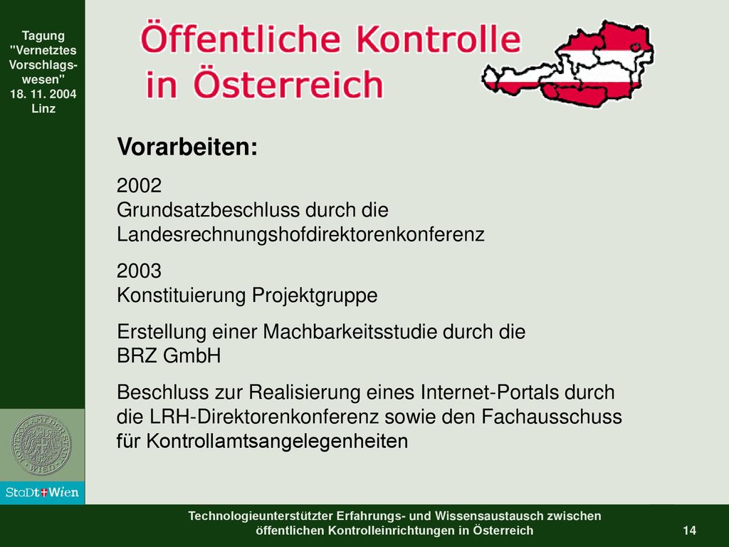 Vorarbeiten: 2002 Grundsatzbeschluss durch die Landesrechnungshofdirektorenkonferenz Konstituierung Projektgruppe.