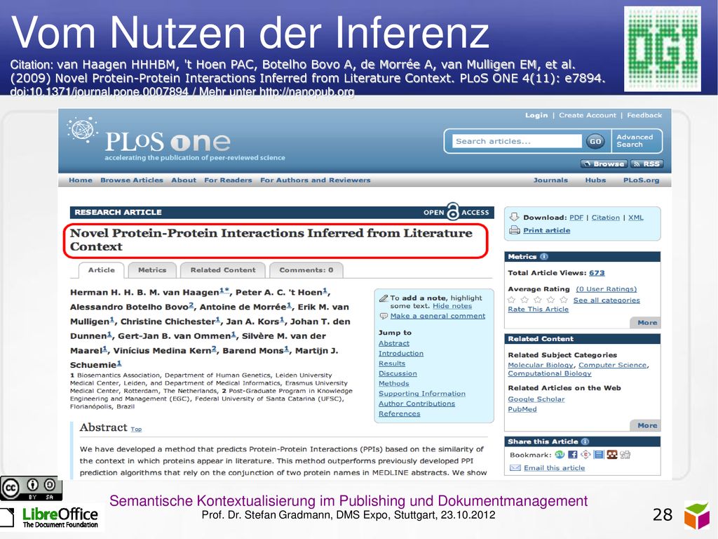 Vom Nutzen der Inferenz Citation: van Haagen HHHBM, t Hoen PAC, Botelho Bovo A, de Morrée A, van Mulligen EM, et al. (2009) Novel Protein-Protein Interactions Inferred from Literature Context. PLoS ONE 4(11): e7894. doi: /journal.pone / Mehr unter