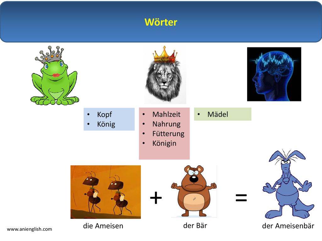 + = Wörter Kopf König Mahlzeit Nahrung Fütterung Königin Mädel