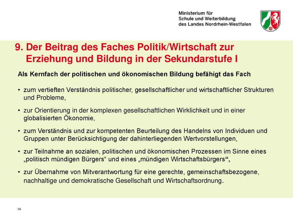 9. Der Beitrag des Faches Politik/Wirtschaft zur Erziehung und Bildung in der Sekundarstufe I