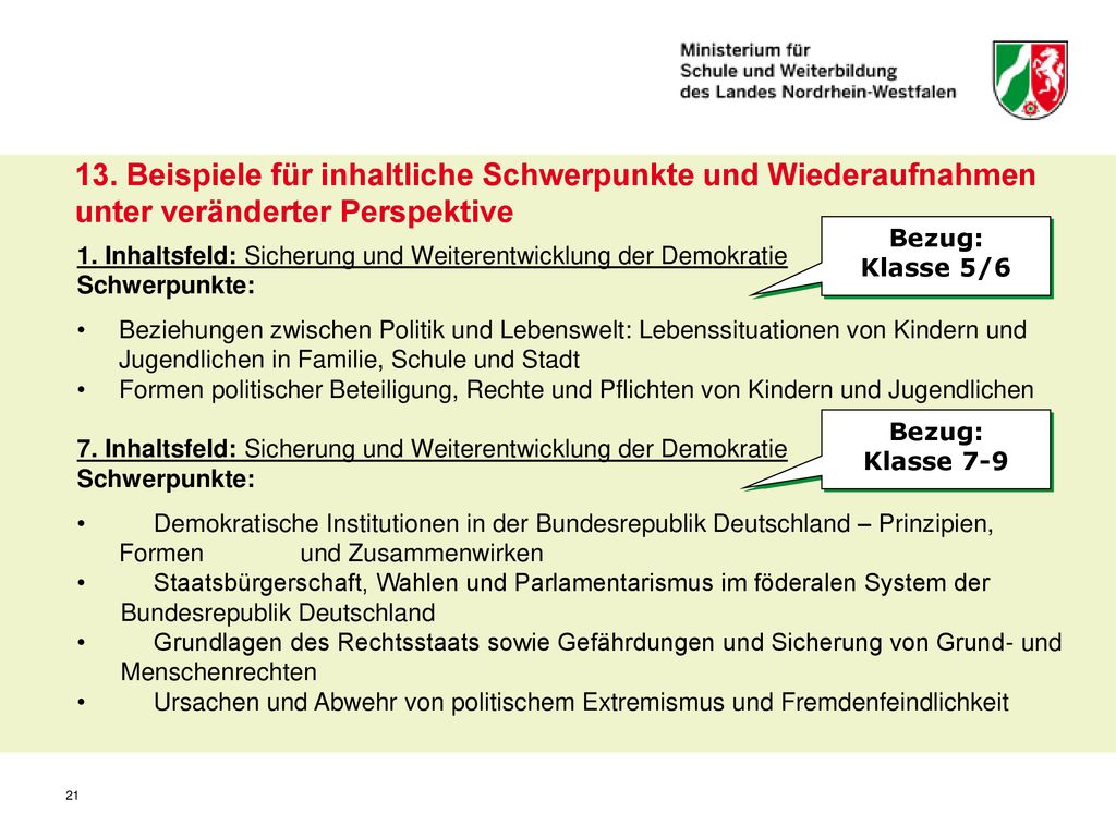 13. Beispiele für inhaltliche Schwerpunkte und Wiederaufnahmen unter veränderter Perspektive