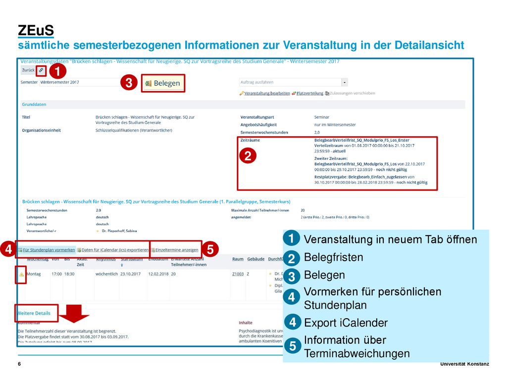ZEuS sämtliche semesterbezogenen Informationen zur Veranstaltung in der Detailansicht