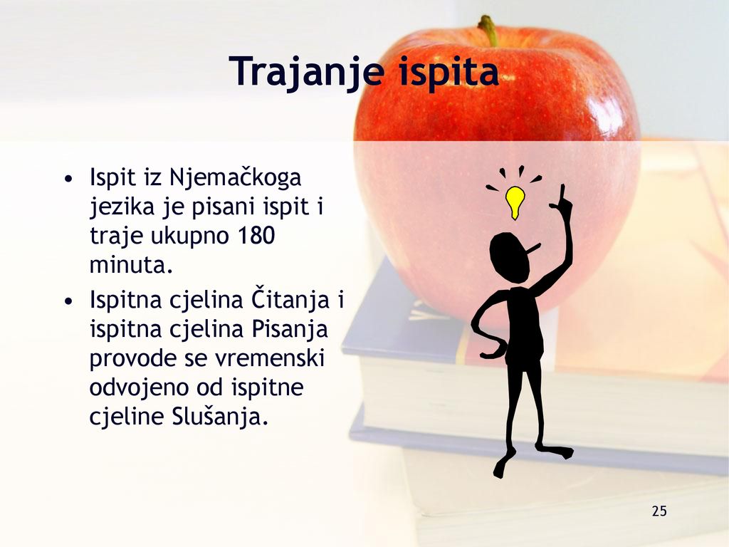 Trajanje ispita Ispit iz Njemačkoga jezika je pisani ispit i traje ukupno 180 minuta.