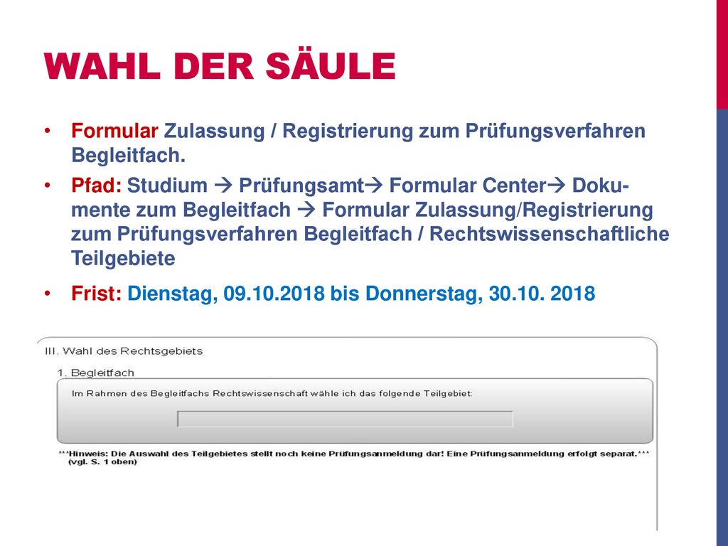 Wahl der Säule Formular Zulassung / Registrierung zum Prüfungsverfahren Begleitfach.