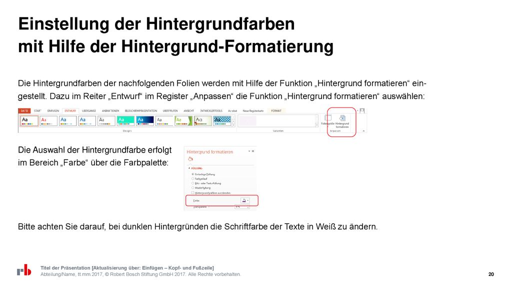 Einstellung der Hintergrundfarben mit Hilfe der Hintergrund-Formatierung