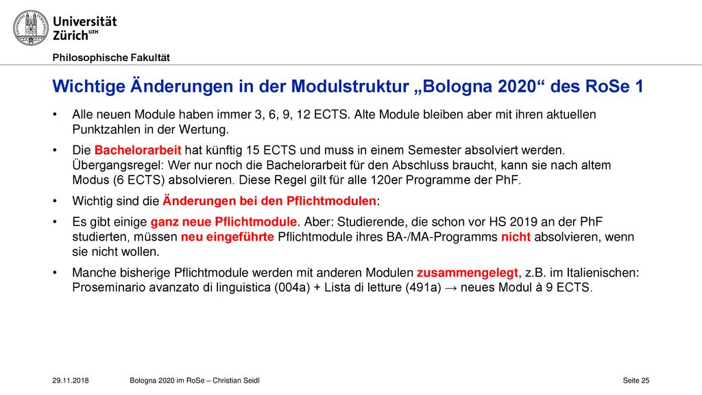 Wichtige Änderungen in der Modulstruktur „Bologna 2020 des RoSe 1