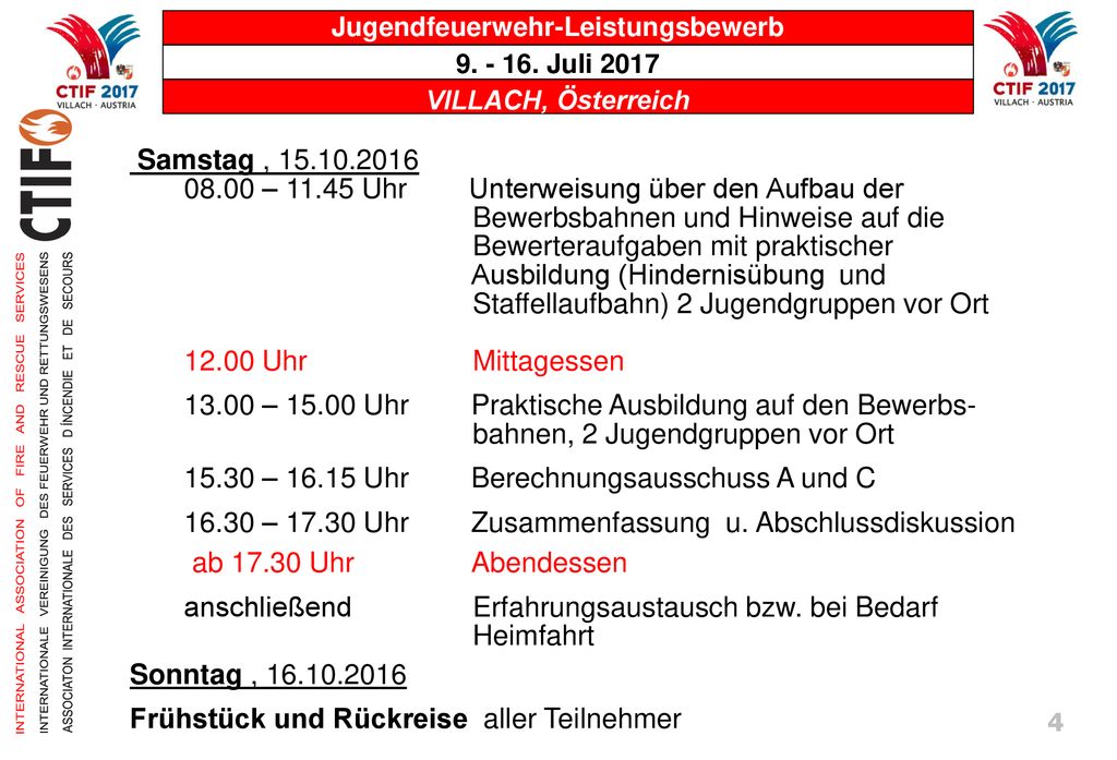 Samstag , – Uhr Unterweisung über den Aufbau der Bewerbsbahnen und Hinweise auf die Bewerteraufgaben mit praktischer Ausbildung (Hindernisübung und Staffellaufbahn) 2 Jugendgruppen vor Ort Uhr Mittagessen