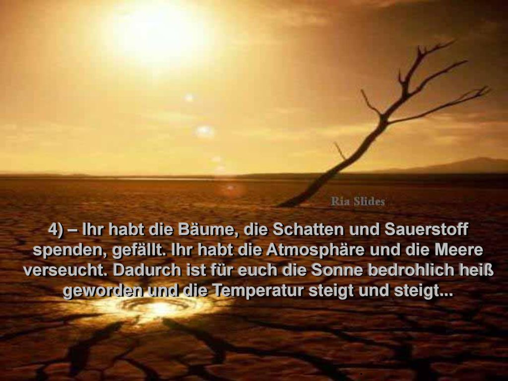 4) – Ihr habt die Bäume, die Schatten und Sauerstoff spenden, gefällt