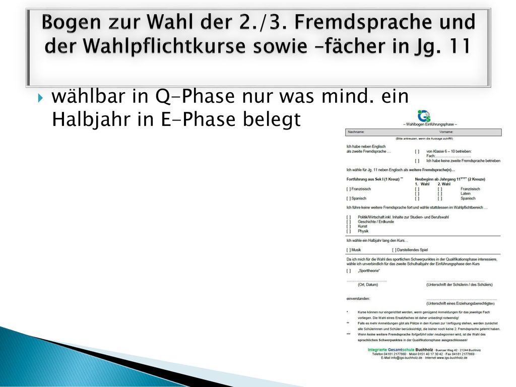Bogen zur Wahl der 2./3. Fremdsprache und der Wahlpflichtkurse sowie –fächer in Jg. 11