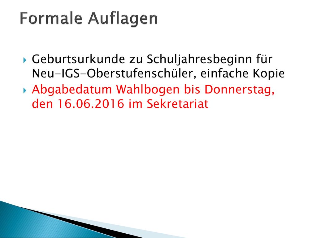 Formale Auflagen Geburtsurkunde zu Schuljahresbeginn für Neu-IGS-Oberstufenschüler, einfache Kopie.