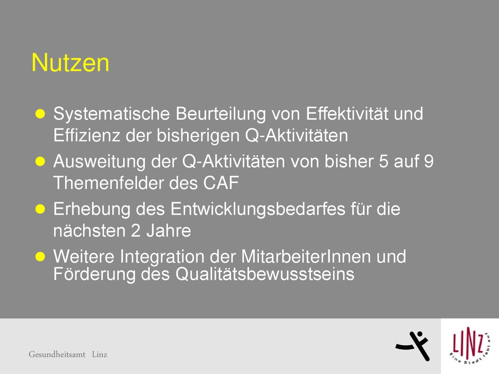 Nutzen Systematische Beurteilung von Effektivität und Effizienz der bisherigen Q-Aktivitäten.
